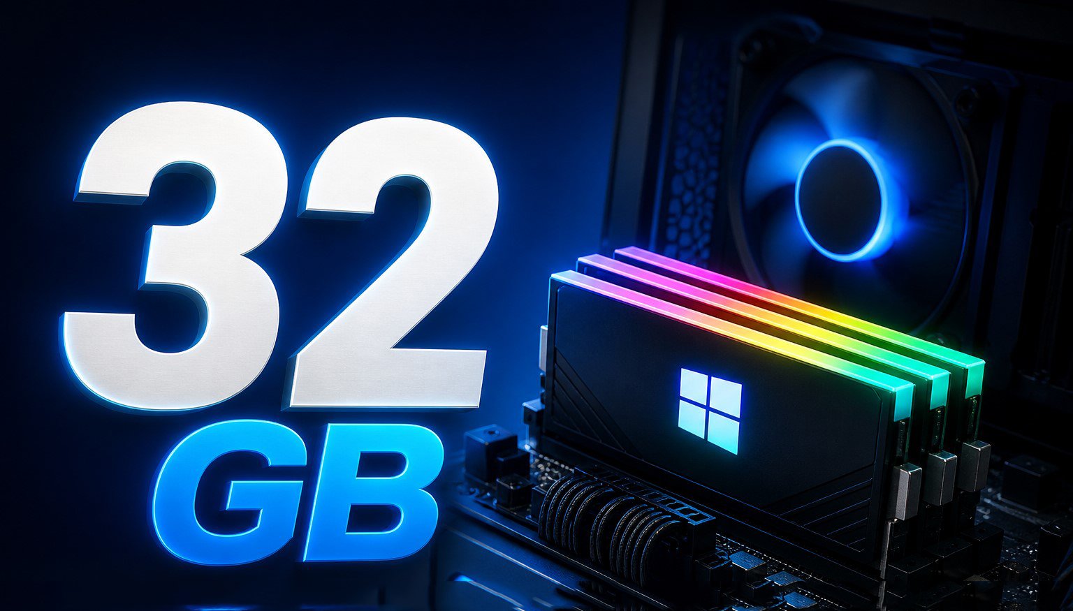 A close-up of a gaming PC's RAM slots, with 32 GB RAM modules installed, highlighting the importance of sufficient memory for a seamless gaming experience in the UK