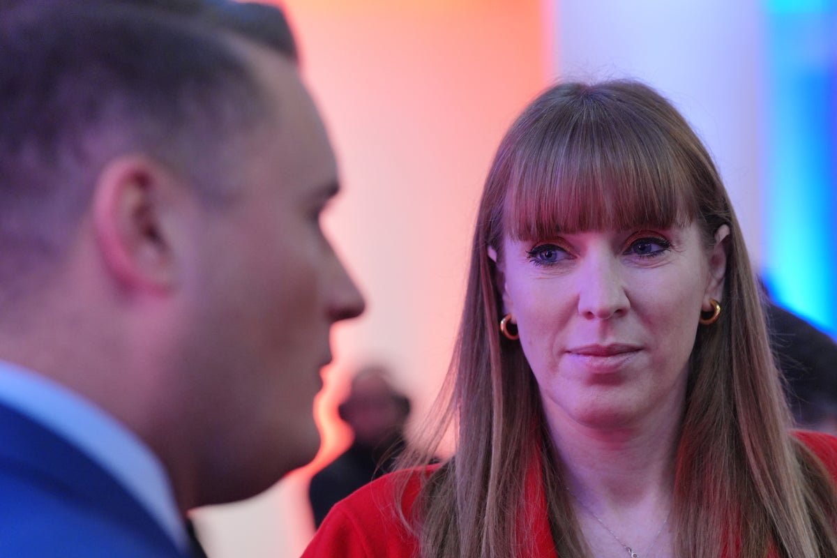 Labour party leader contenders Angela Rayner and Wes Streeting, with a background of the Houses of Parliament, highlighting the Labour leadership contest and the party's future