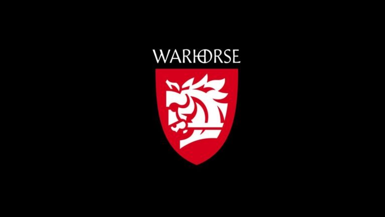 Warhorse Studios' logo, with a background image of a person working on a computer, symbolizing the balance between human talent and AI-powered tools in the UK gaming industry, with a colour scheme that reflects the studio's commitment to innovation and creativity