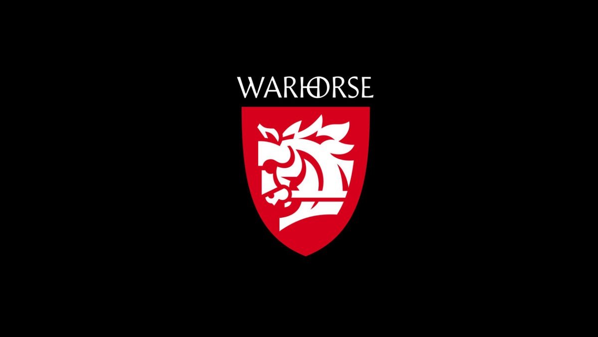 Warhorse Studios' logo, with a background image of a person working on a computer, symbolizing the balance between human talent and AI-powered tools in the UK gaming industry, with a colour scheme that reflects the studio's commitment to innovation and creativity