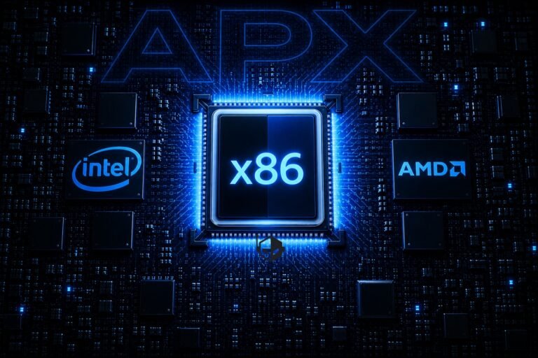 A detailed diagram illustrating the inner workings of APX, showcasing its potential to enhance x86 architectures and redefine the future of UK tech, with a focus on improved performance and efficiency, as well as the collaborative efforts of Intel and AMD