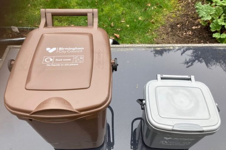 A binman standing next to a food waste caddy with a red cross through it, highlighting the importance of proper waste disposal and the consequences of contamination, with a focus on food waste management