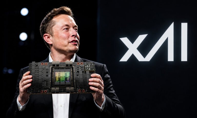 xAI's NVIDIA GPU installation in the UK, with rows of servers and GPUs, highlighting the company's significant investment in AI technology, with a focus on NVIDIA GPU utilisation and AI software stack optimisations