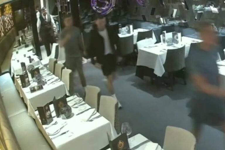 A group of people dining at a restaurant, with a caption warning about the risks of dine and dashers, including fake emergencies and food contamination, and the importance of restaurant security