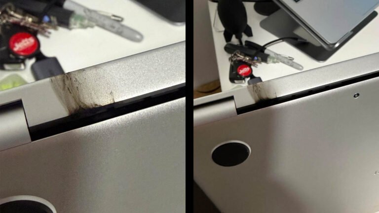 A close-up of the M5 MacBook Pro's hinge, with a spark forming due to movement, resulting in catastrophic failure, a rare incident that raises concerns about Apple's quality control measures in the UK