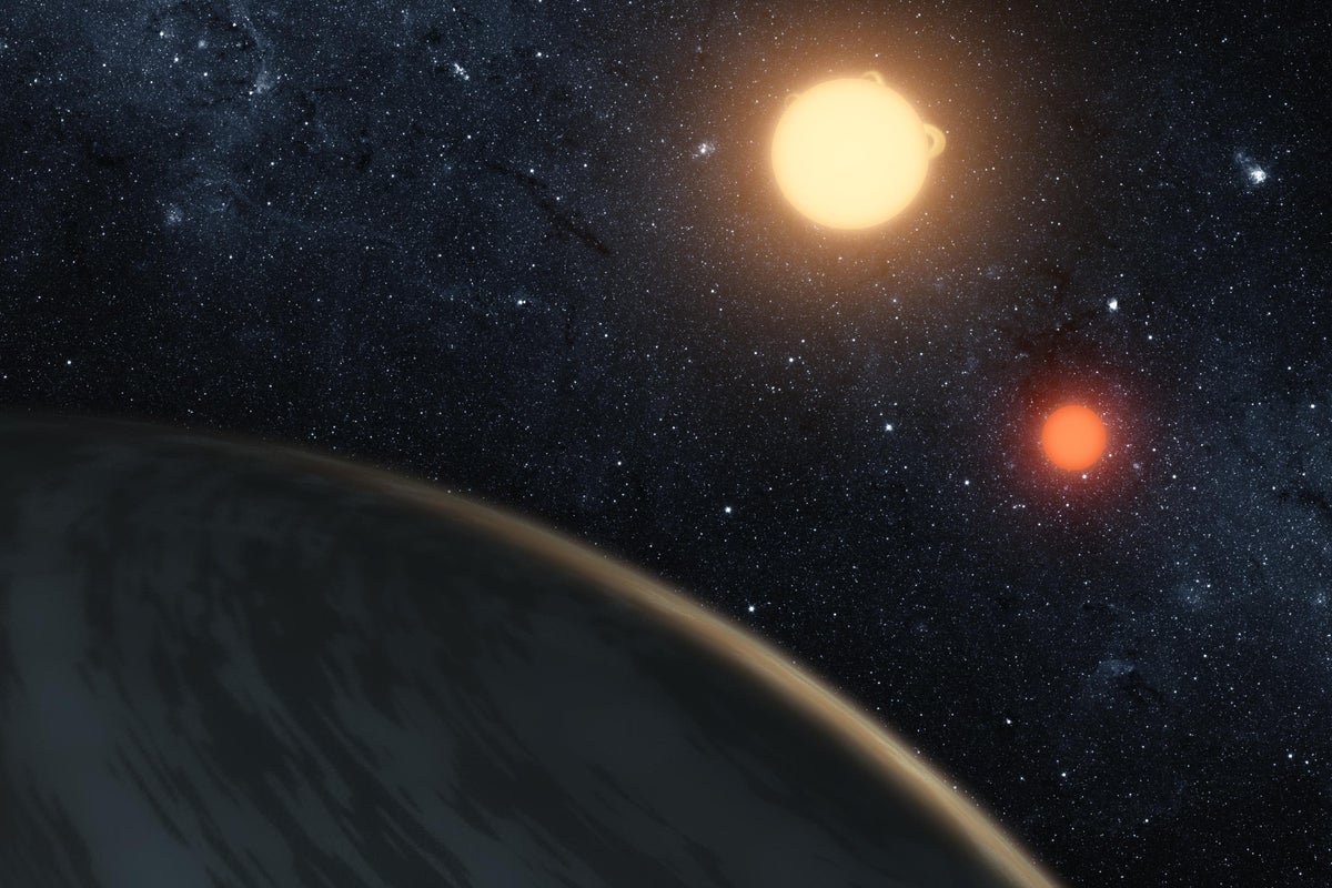 A stunning image of a Tatooine-like exoplanet, with dual suns setting in the distance, casting a warm orange glow over the desert landscape, featuring a primary keyword of exoplanets