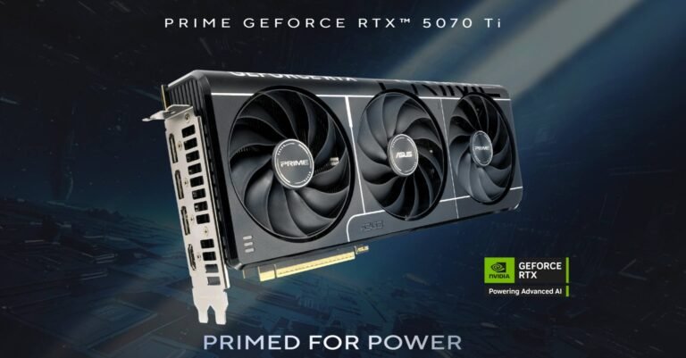 ASUS RTX 5080 graphics card with a UK flag in the background, symbolising the company's focus on the UK market, with a subtle hint of the RTX 5070 Ti in the distance, representing the limited production of this popular GPU