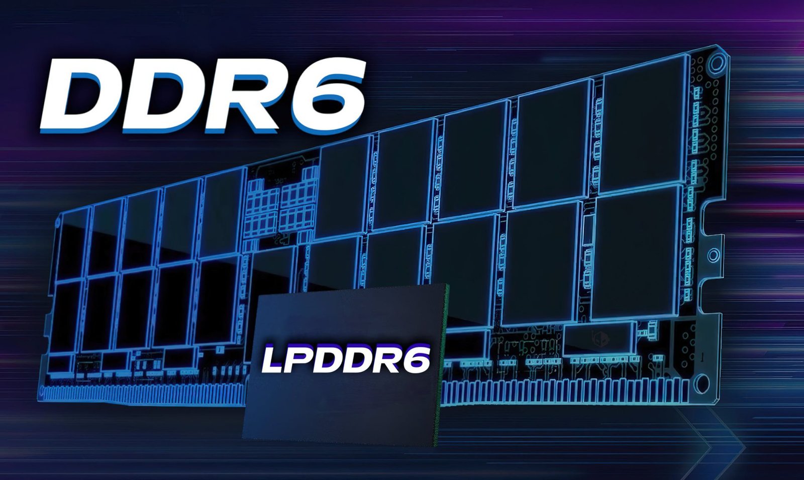 A close-up of a DDR6 memory chip, with a background of circuit boards and wires, representing the future of UK DRAM innovation and artificial intelligence