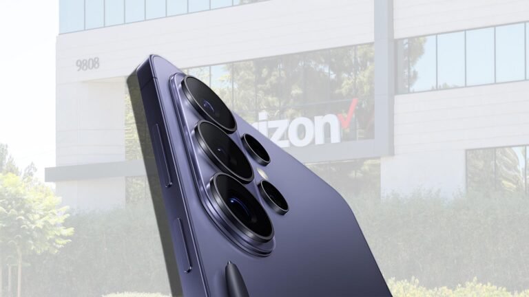 A person holding a Galaxy S26 Ultra, with a disappointed expression, symbolising the missed opportunity due to Verizon's mistake, with a cityscape in the background, representing the UK mobile market