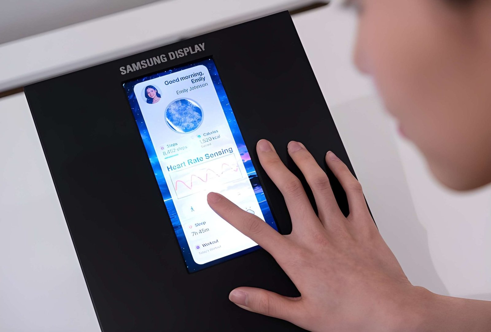 A close-up of a Samsung smartphone display, showcasing the company's innovative Flex Chroma Pixel technology, which can measure blood pressure with a single touch, in the UK