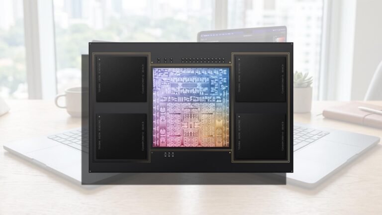 A semiconductor manufacturing facility in the UK, with rows of high-tech equipment and skilled workers, representing the country's growing chip production industry, with Apple, Intel, and Samsung as key players