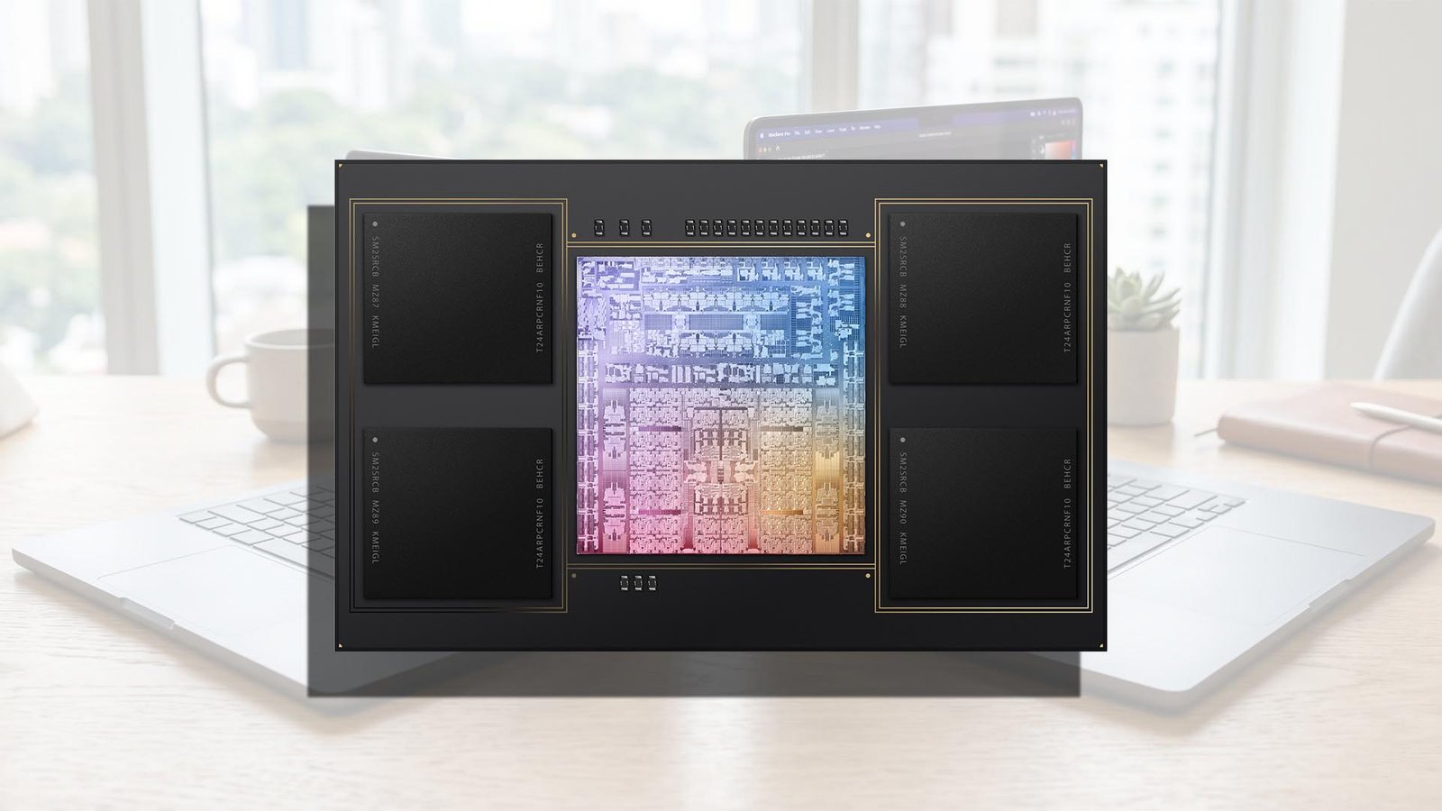A semiconductor manufacturing facility in the UK, with rows of high-tech equipment and skilled workers, representing the country's growing chip production industry, with Apple, Intel, and Samsung as key players