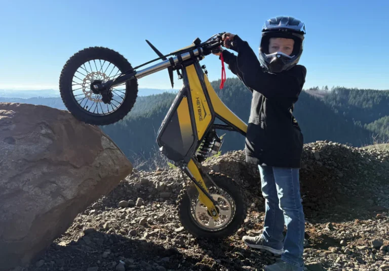 The Heybike Villain electric dirt bike in action, showcasing its sleek design and vibrant colour scheme as it navigates through challenging off-road terrain, with a beautiful landscape in the background, highlighting the bike's impressive performance and eco-friendly features, perfect for riders seeking a fun and sustainable way to explore the outdoors