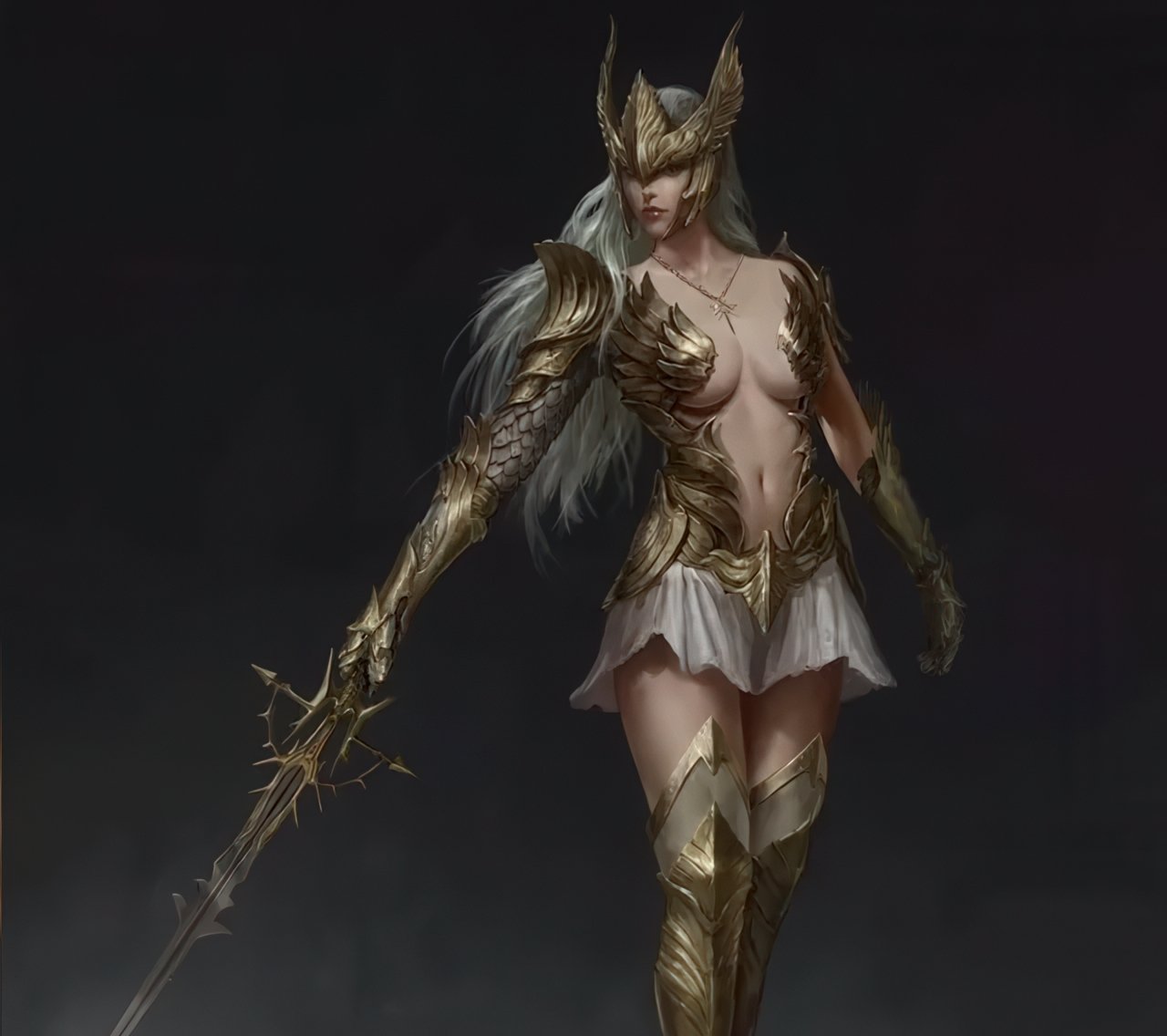 A female character in Lords of the Fallen 2, wearing a skimpy armor set and wielding a sword, set against a dark fantasy backdrop with a full moon and mystical creatures in the distance, showcasing the game's provocative designs and immersive gaming experience