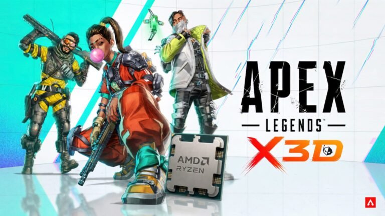 A close-up of the AMD Ryzen X3D CPU, with a blurred background of a gamer playing Apex Legends, highlighting the CPU's impact on gaming performance