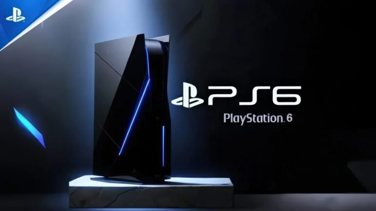 The PlayStation 6 console and its handheld counterpart, with a gamer playing a game on the handheld device in the UK. The consoles are displayed on a table, with a TV in the background showing a game being played. The image showcases the powerful hardware and innovative features of the PS6, with a focus on the handheld console's ability to run current and next-generation games.