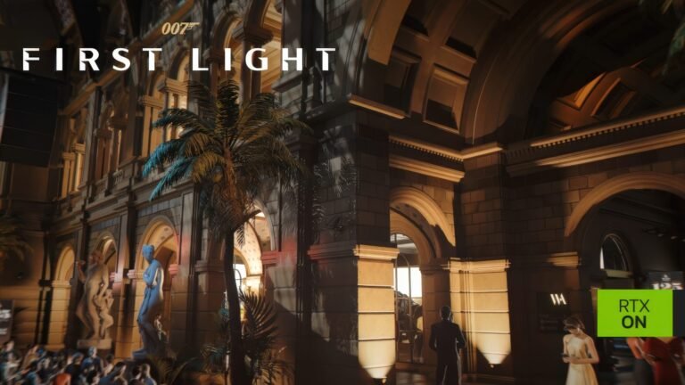 IO Interactive's 007 First Light gameplay screenshot, showing Bond in action with a gun, set in a colourful and detailed environment, with a focus on the game's UK release and HITMAN-style escalation mode