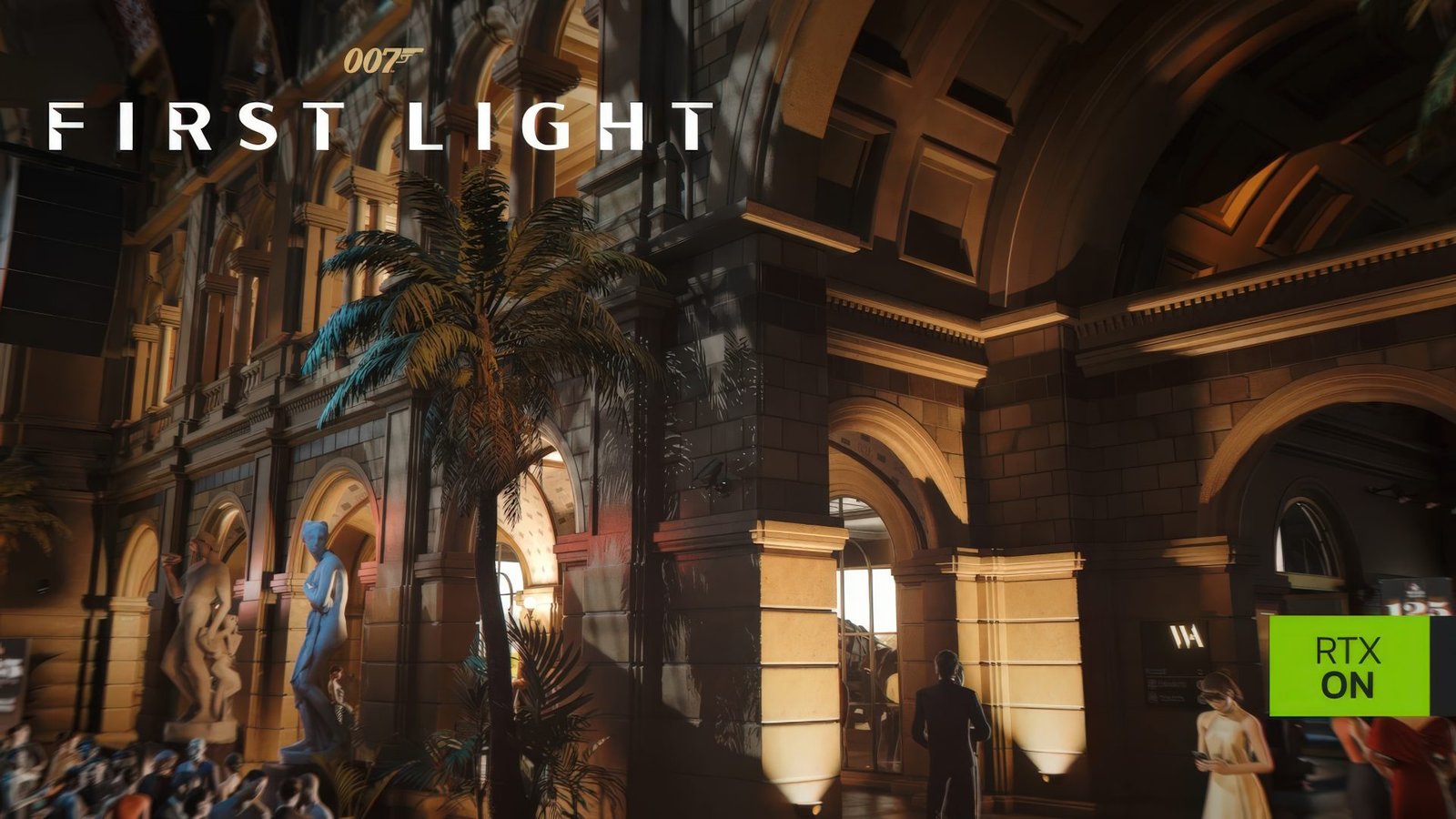 IO Interactive's 007 First Light gameplay screenshot, showing Bond in action with a gun, set in a colourful and detailed environment, with a focus on the game's UK release and HITMAN-style escalation mode