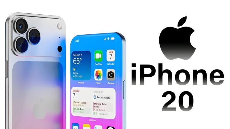 The iPhone 20 features a massive 6000mAh battery, reverse wireless charging, and an all-glass look with solid-state buttons, making it a unique device in the UK smartphone market with a quad-curved display and under-display tech