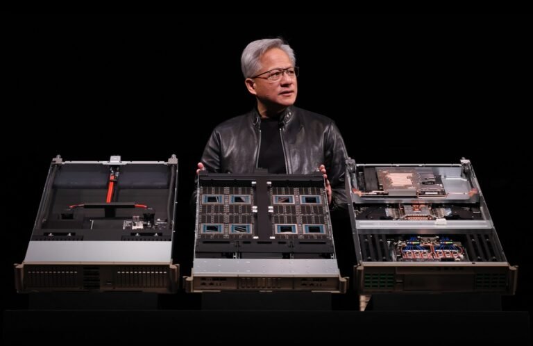 NVIDIA CEO Jensen Huang speaking at a conference, with a background of AI chips and technology innovation, highlighting the company's stance on China and the UK's position in the global technology market