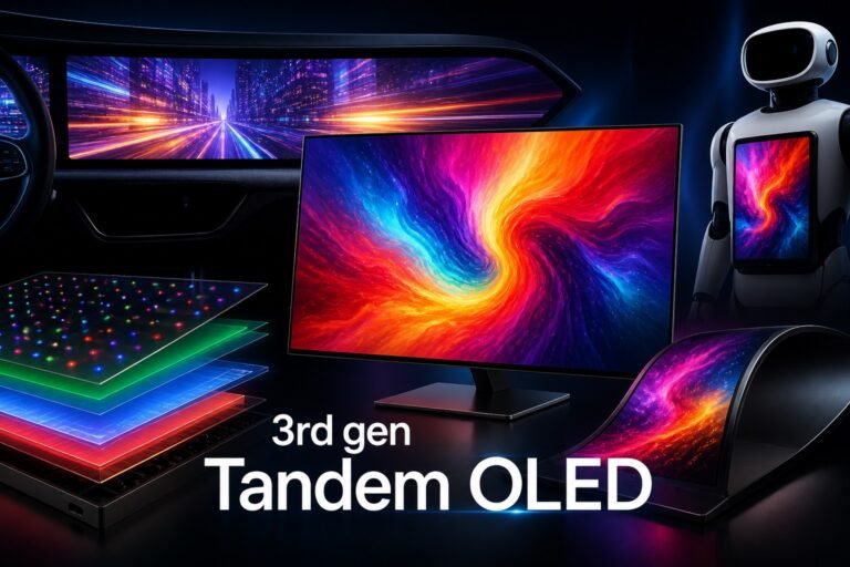 LG's 3rd-gen Tandem OLED display technology showcased at SID Display Week 2026, featuring a 5K OLED panel with 221 PPI and a 15,000-hour lifespan, set to revolutionise the UK display market with its efficient and durable design