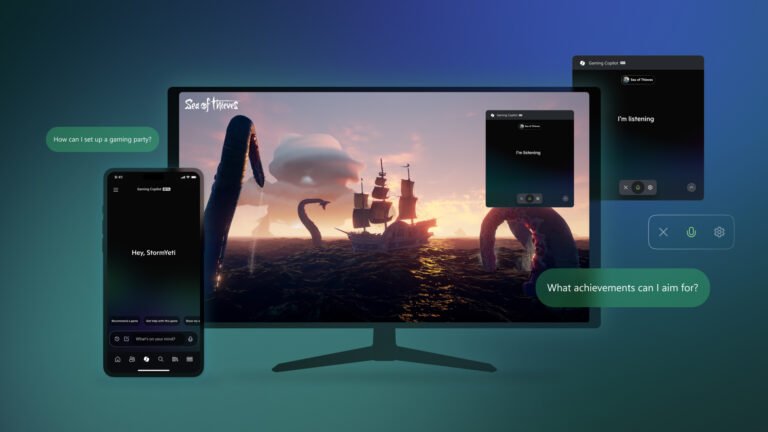 Xbox console and controller on a table, with a cityscape in the background, representing the UK gaming community and the impact of Copilot AI on the gaming industry, with a focus on Xbox's new direction and the future of gaming