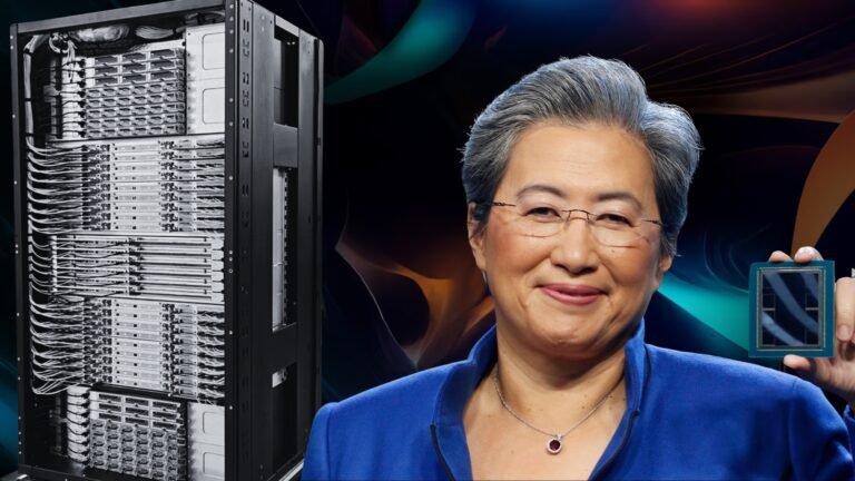 AMD CEO Dr. Lisa Su speaking at a conference, with a background of CPU and GPU components, highlighting the importance of Agentic AI in the UK's AI industry