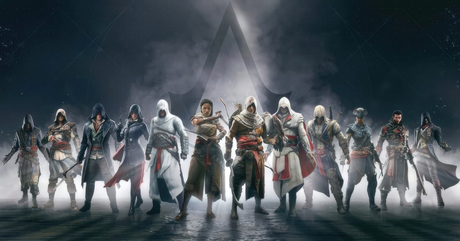A screenshot of the rumored Assassin's Creed Invictus game, with a blurred background and a player character in the foreground, highlighting the game's multiplayer feature and Fall Guys-inspired gameplay, with a focus on the UK gaming community