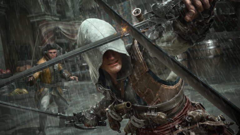 Assassin's Creed Black Flag Resynced gameplay screenshot, showing the game's improved parkour mechanics and vibrant world, set in the UK with a greater emphasis on colour and texture, and a focus on the primary keyword, Assassin's Creed