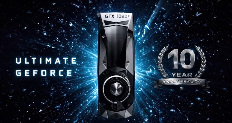 NVIDIA GeForce GTX 10 series graphics card, a groundbreaking GPU that changed the UK gaming landscape with its exceptional performance and power efficiency, featuring a black and silver design with a large fan and heat sink