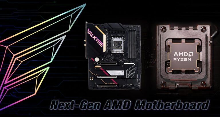 A close-up of a motherboard with the AMD logo prominently displayed, hinting at the next-gen AMD motherboards that will be showcased at Computex 2026, featuring Ryzen 'Zen 6' CPUs and innovative technology