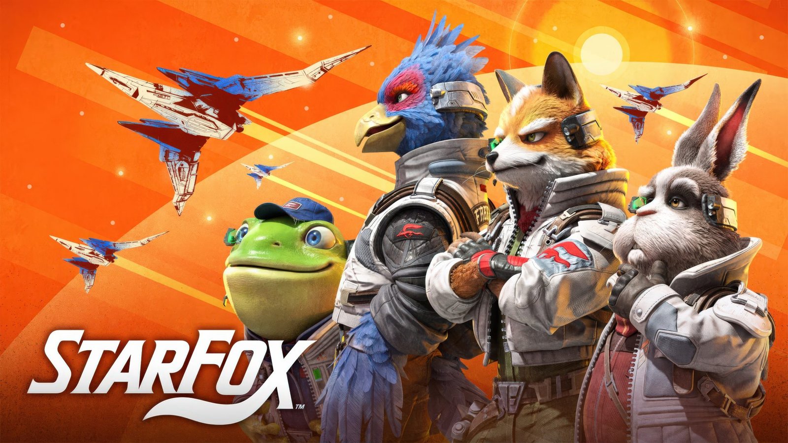 The Star Fox team, including Fox McCloud, Slippy Toad, and Peppy Hare, flying their Arwings in a battle against Star Wolf, with a cinematic background and animal-like character designs, showcasing the game's new features and exclusive release on the Nintendo Switch 2 in the UK