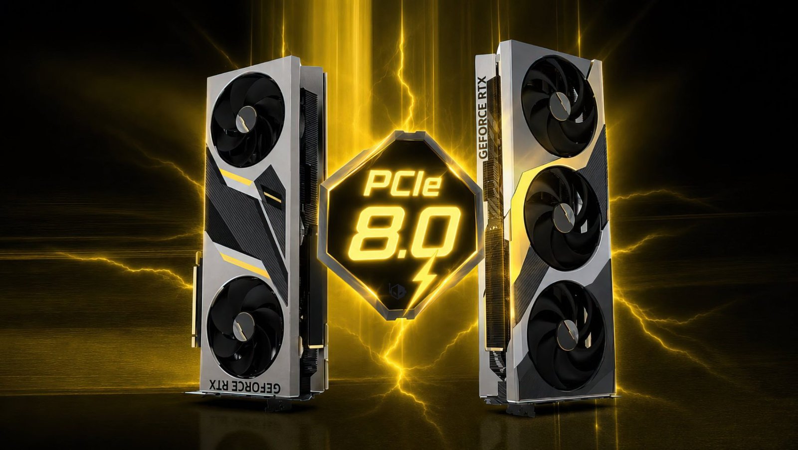PCIe 8.0 data centre technology in the UK, featuring a complex network of servers and data transfer systems, highlighting the importance of PAM4 signalling technology and backward compatibility