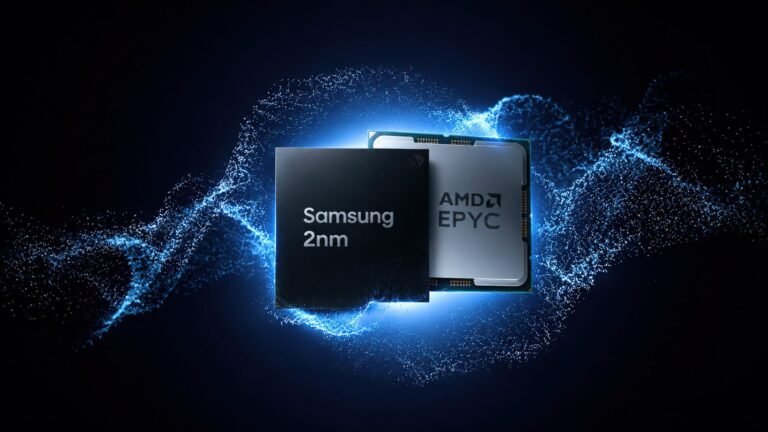 AMD and Samsung logos with a background of microchips and circuit boards, representing the potential partnership between the two companies to produce 2nm technology in the UK