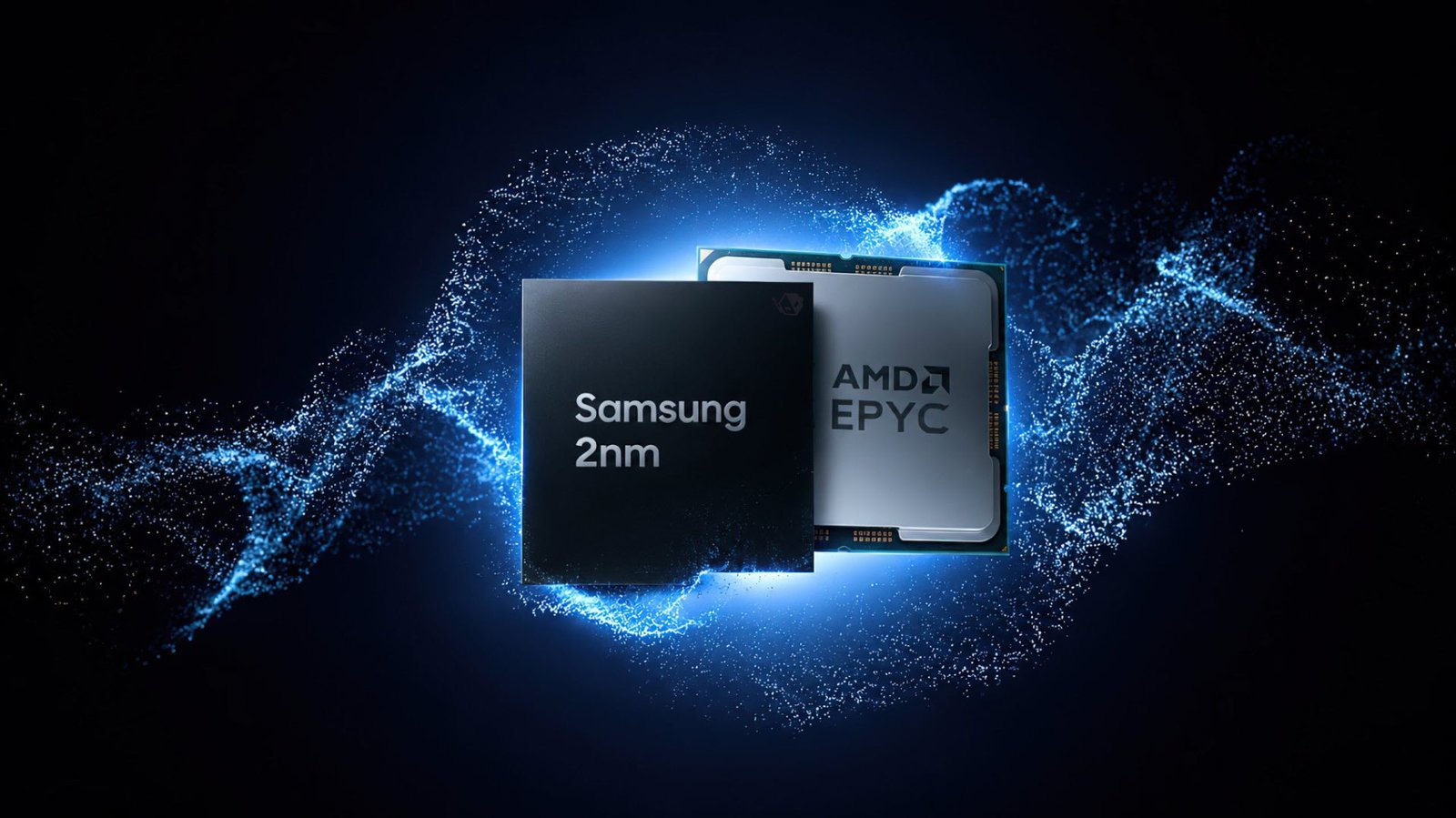 AMD and Samsung logos with a background of microchips and circuit boards, representing the potential partnership between the two companies to produce 2nm technology in the UK