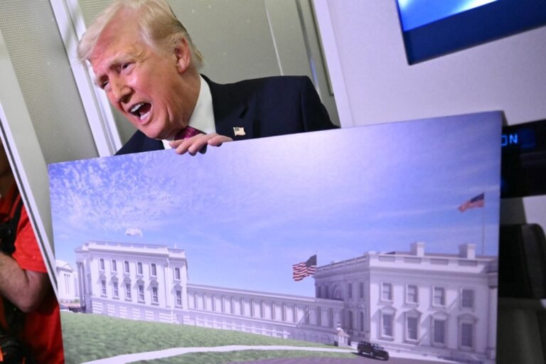 Donald Trump listening to construction updates in his grand ballroom, a unique and fascinating sight, with a keen eye for detail and design, showcasing his passion for construction and real estate