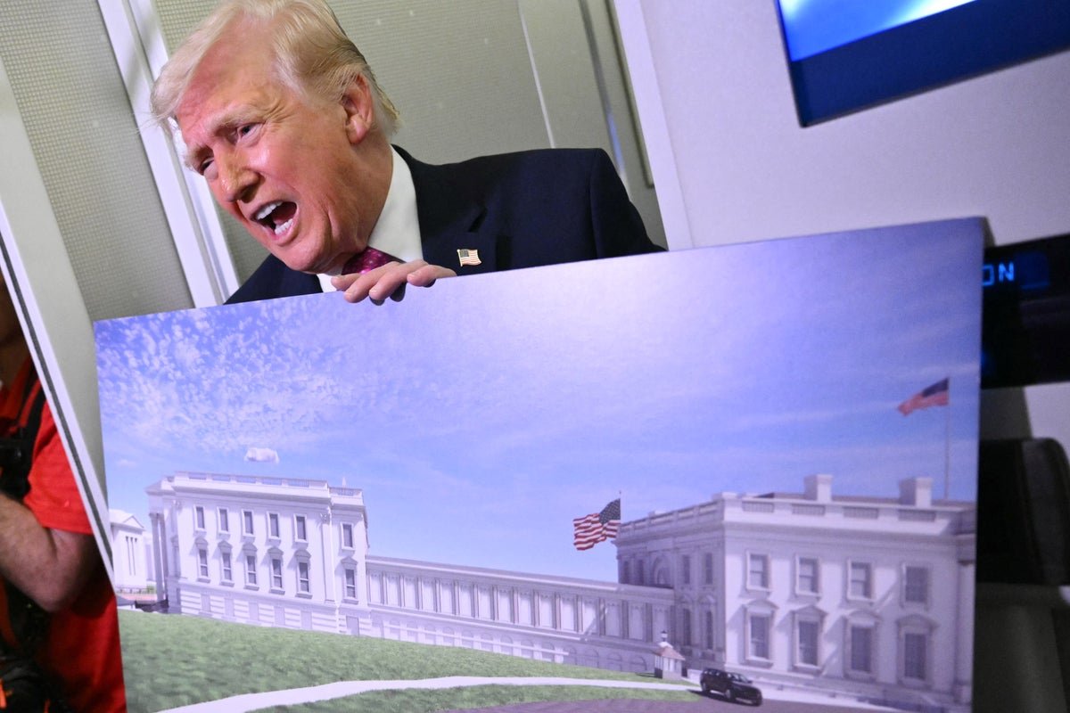 Donald Trump listening to construction updates in his grand ballroom, a unique and fascinating sight, with a keen eye for detail and design, showcasing his passion for construction and real estate