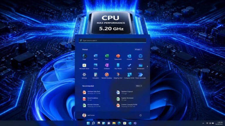 A close-up of a CPU with glowing blue circuits, representing the enhanced performance of Windows 11 in the UK, with the Low Latency Profile feature