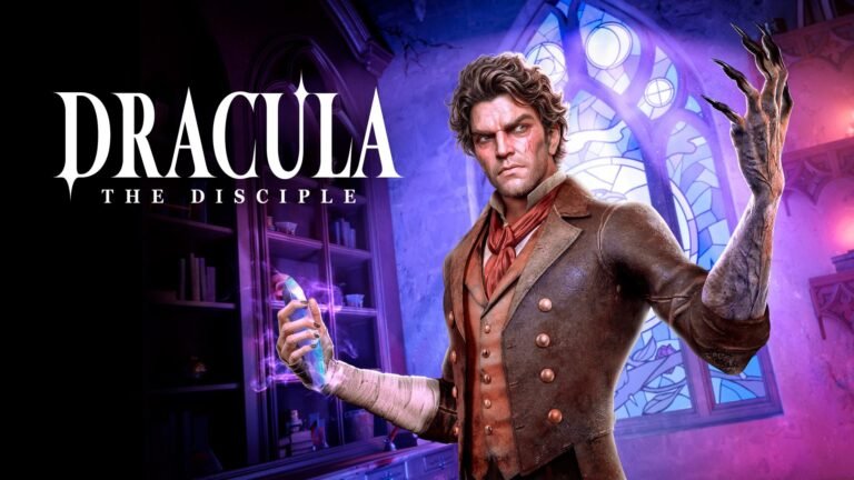 A dark and atmospheric image of a Gothic castle, with a full moon shining in the background, representing the upcoming game Dracula: The Disciple from Cyanide Studio, set to arrive in the UK in 2027, with a focus on puzzle-solving and narrative-driven gameplay