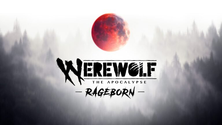 A werewolf in its human form, standing in front of a full moon, with a forest landscape in the background, showcasing the game's stunning visuals and immersive atmosphere, with a focus on Werewolf: The Apocalypse - Rageborn