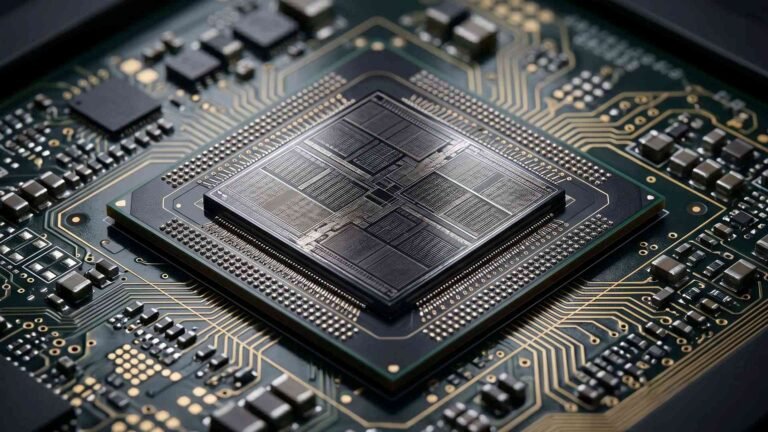 A close-up of a circuit board with a focus on the memory chips, highlighting the importance of next-generation DRAM in the UK tech industry, with a background of a data center, representing the AI memory war
