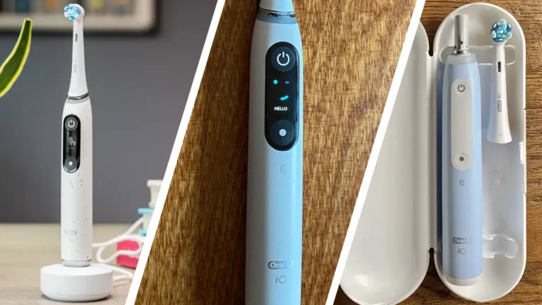 Oral-B iO electric toothbrush with a colour OLED screen and a smart charging base, providing real-time brushing feedback and a gentle cleaning experience