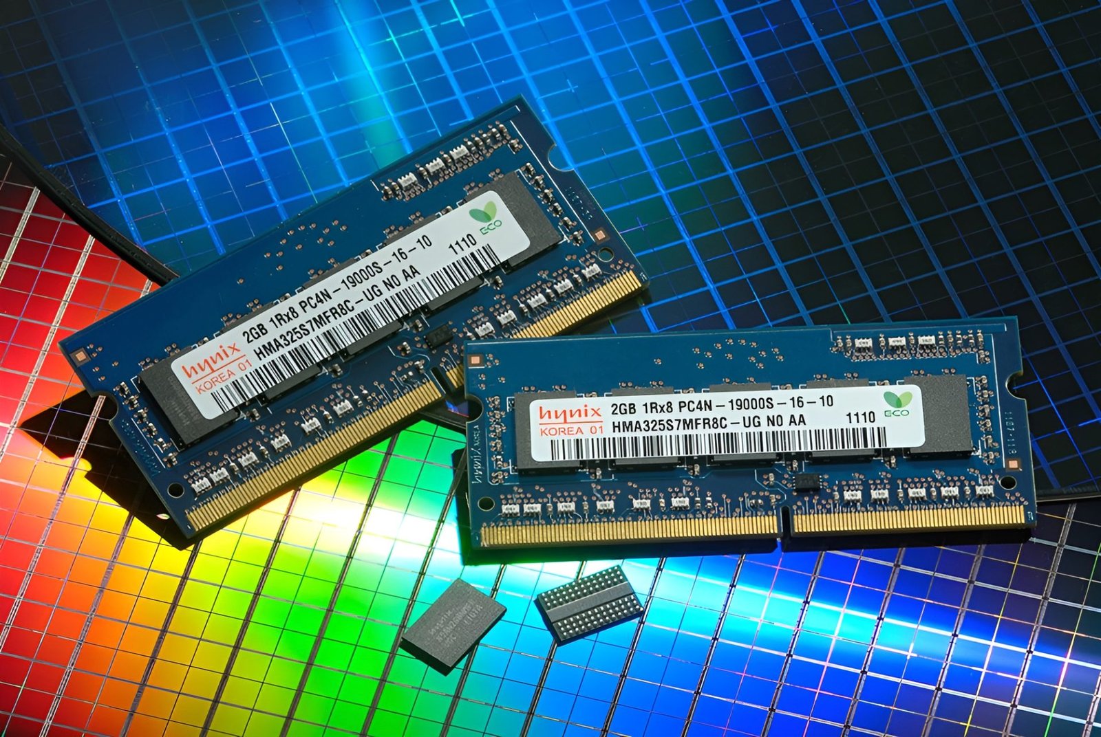 SK Hynix memory chips in production, with a factory worker in the background, highlighting the company's efforts to meet the growing demand for memory in the UK