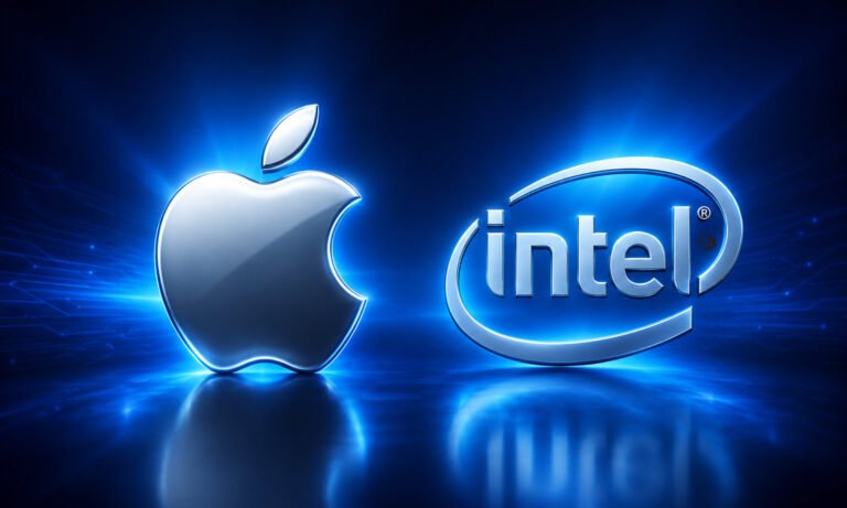 Apple and Intel partnership to produce A21 chips for MacBook Neo laptops in the UK, featuring a high-performance chip with a union jack flag in the background