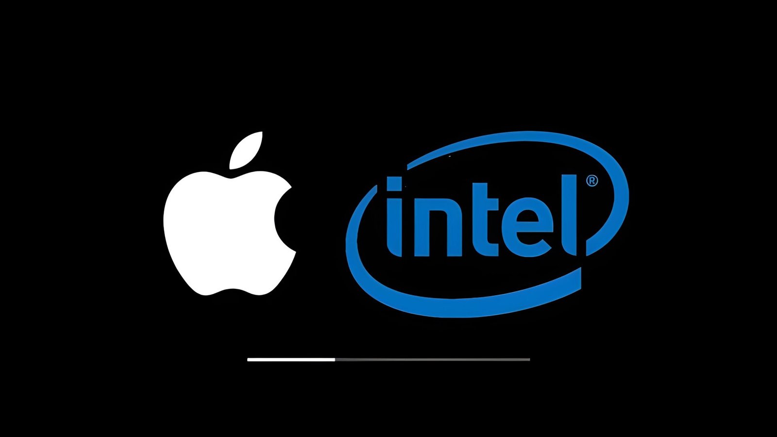 Apple and Intel logo combination, representing their new chip-making partnership, with a colourful background, symbolizing innovation and growth in the UK tech industry