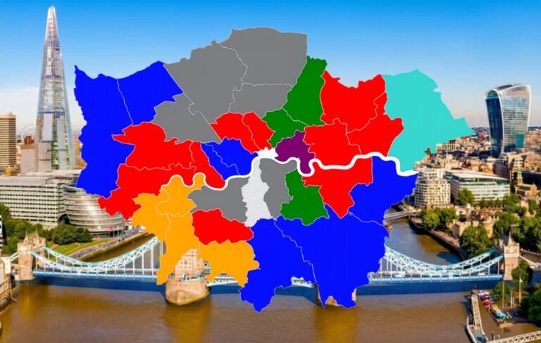 A descriptive image of the London cityscape, with a focus on the election results and voter behaviour, highlighting the colour and vibrancy of the city's political landscape