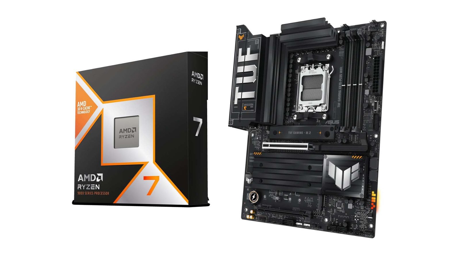 The Ryzen 7 9800X3D CPU and ASUS TUF motherboard combo, offering a powerful and affordable gaming solution for UK gamers, with a focus on the primary keyword, Ryzen 7 9800X3D, and featuring a descriptive image of the hardware
