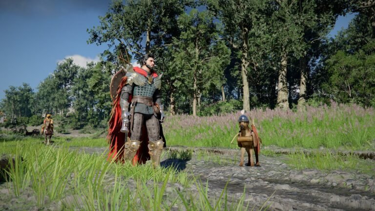A player riding a tiger mount in the Crimson Desert game, with a gacha vending machine in the background, set against the stunning UK-inspired landscape of the game