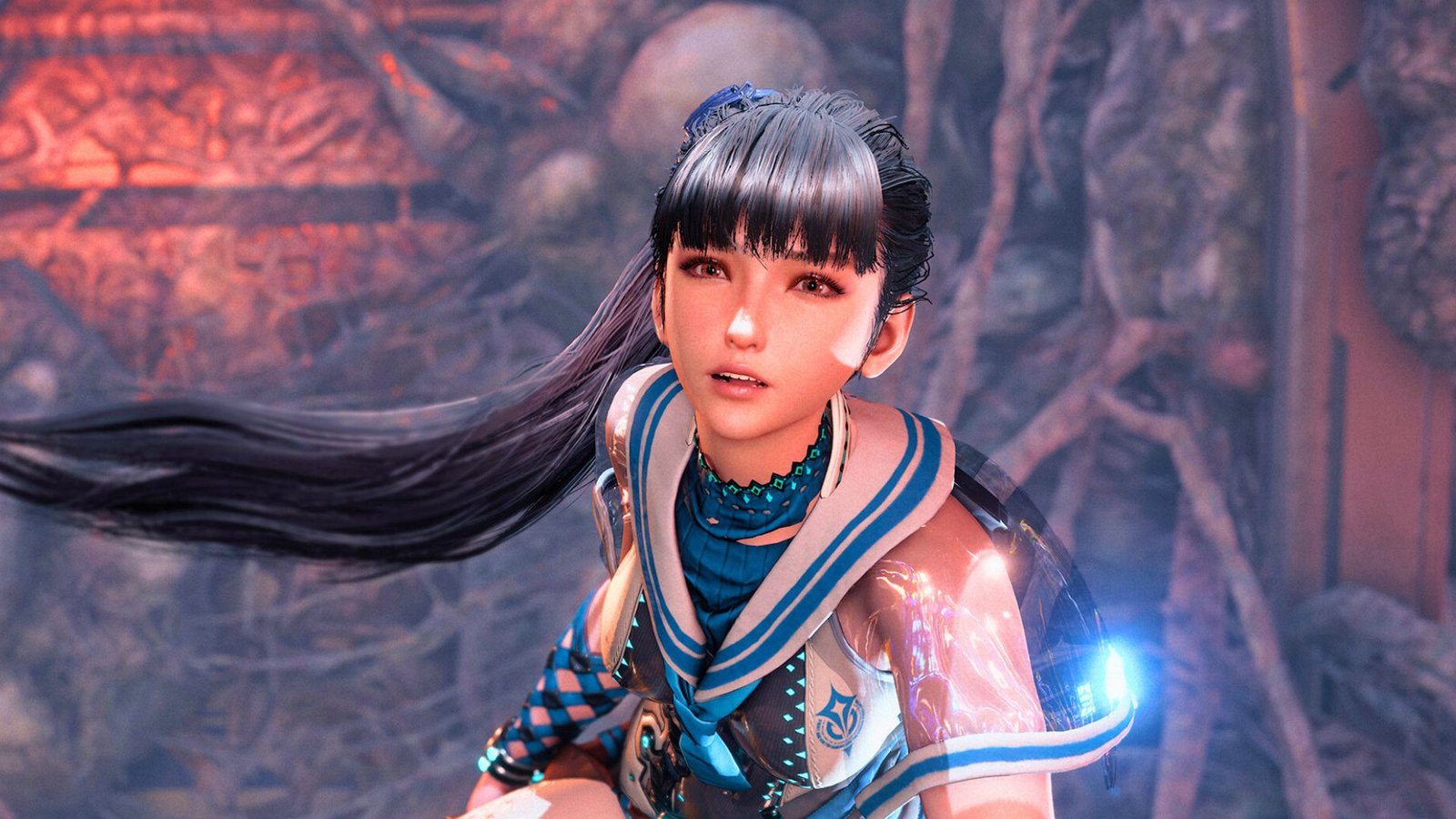 Stellar Blade 2 gameplay screenshot, featuring a character in a futuristic setting with a sword, set against a stunning colour backdrop, with a glimpse of the UK gaming scene in the background, showcasing the game's immersive and engaging gameplay