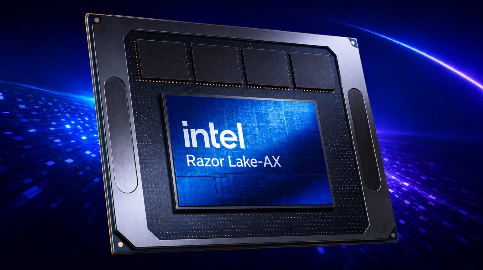 Intel Razor Lake-AX chip with on-package memory, set to challenge AMD's Medusa Halo in the UK, featuring a close-up of the chip's architecture and highlighting the importance of on-package memory in improving system performance